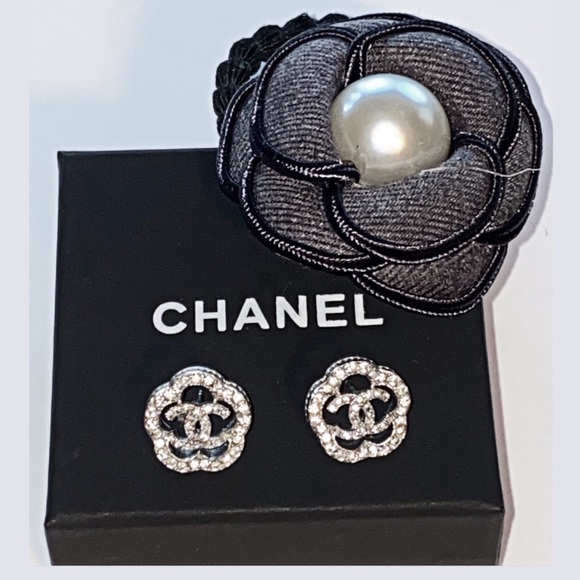 CHANEL Jewelry - Chanel Crystal CC Camellia Earrings Silver